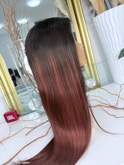 Vietnamese Burgundy Ombre Straight Lace Wig – Natural Black to Wine Red