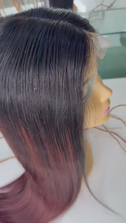 Vietnamese Burgundy Ombre Straight Lace Wig – Natural Black to Wine Red